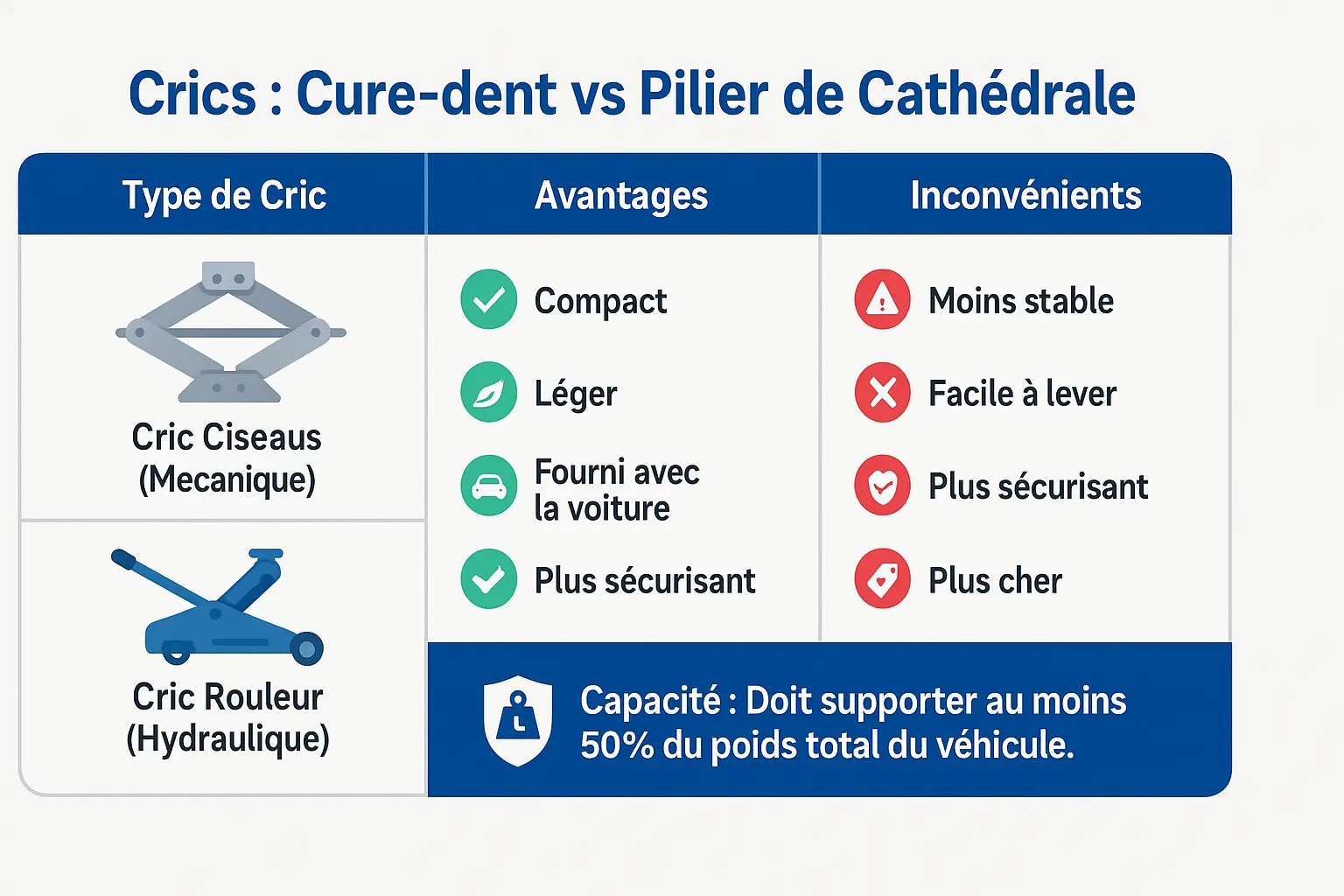 <strong>Comparaison visuelle entre cric ciseaux et cric rouleur</strong>