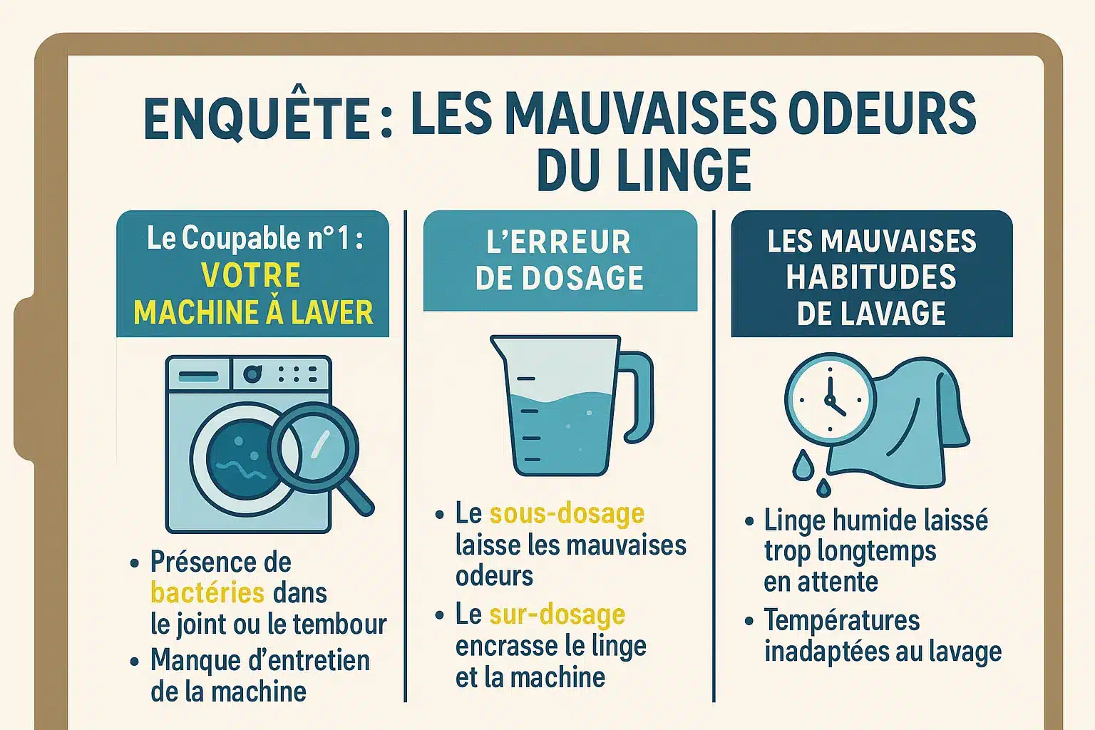 Illustration montrant une machine à laver avec des vêtements qui sentent mauvais
