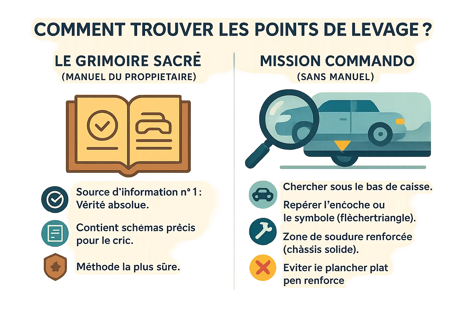 Guide visuel pour localiser les points de levage sous une voiture