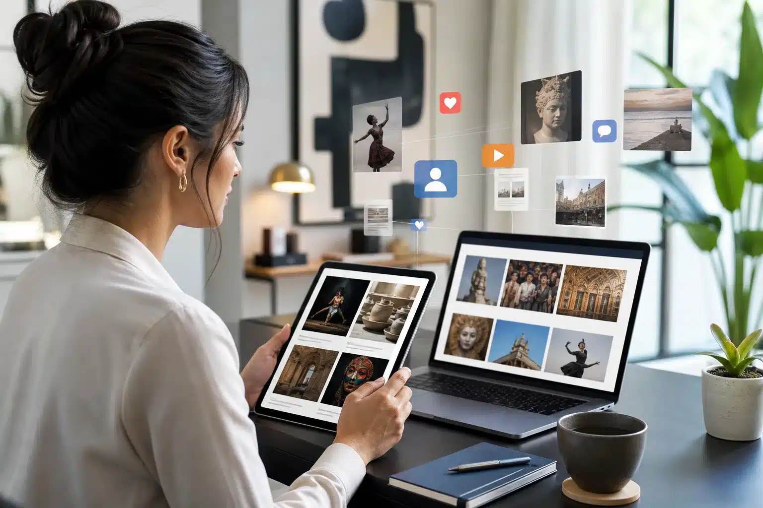 Écran d'ordinateur avec flux d'actualités culturelles en ligne