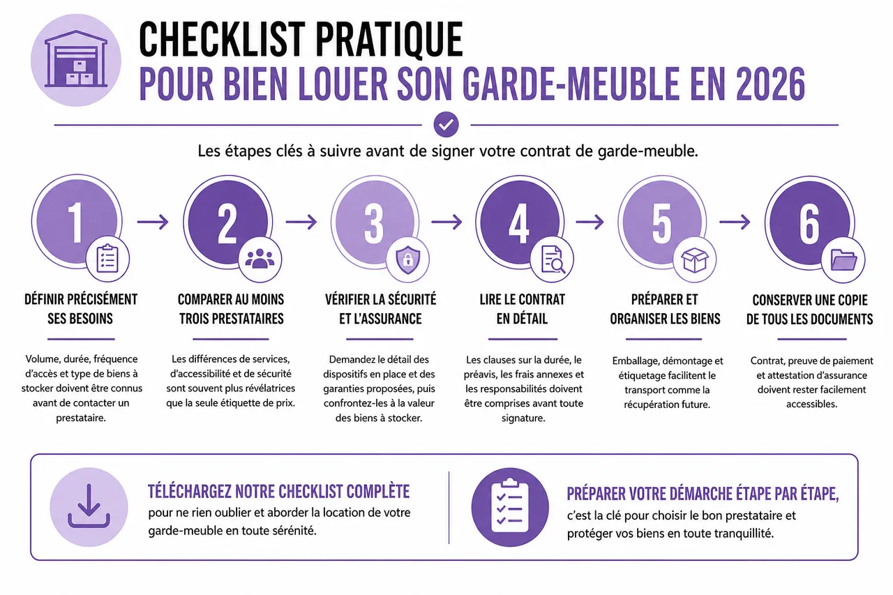 Garde-meuble: tout ce qu'il faut savoir avant de louer un espace de stockage , Checklist pratique pour bien louer son garde-meuble en 2026
