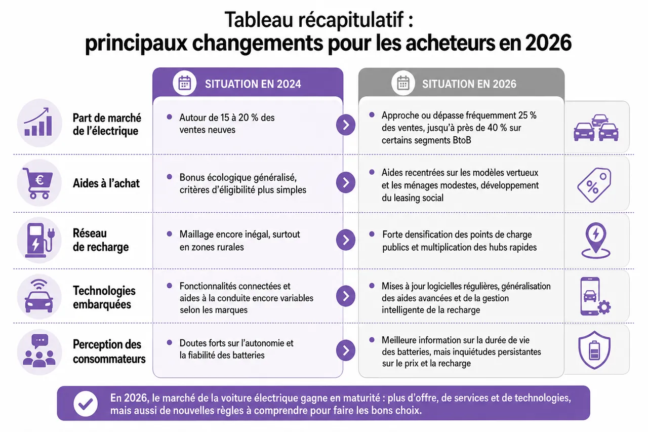 Ce qui change vraiment pour les acheteurs dans l’actualité voiture électrique en 2026 , Tableau récapitulatif: principaux changements pour les acheteurs en 2026