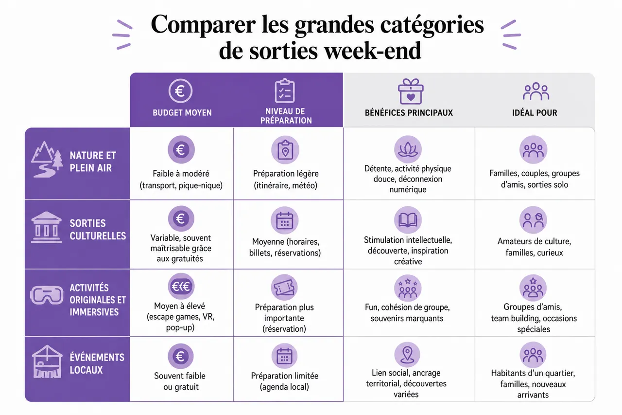 7 idées de sorties week-end pour vraiment déconnecter sans partir loin , Comparer les grandes catégories de sorties week-end