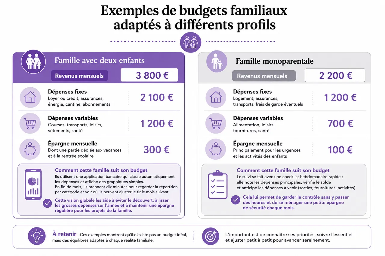 Budget familial en 2026 et comment garder le contrôle sans tout noter au centime près? , Exemples de budgets familiaux adaptés à différents profils