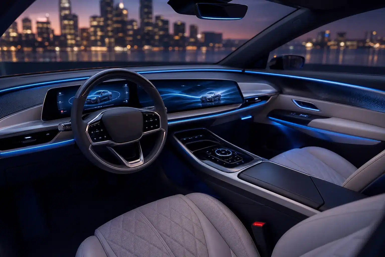 Voiture moderne avec conducteur analysant actualités automobiles importantes
