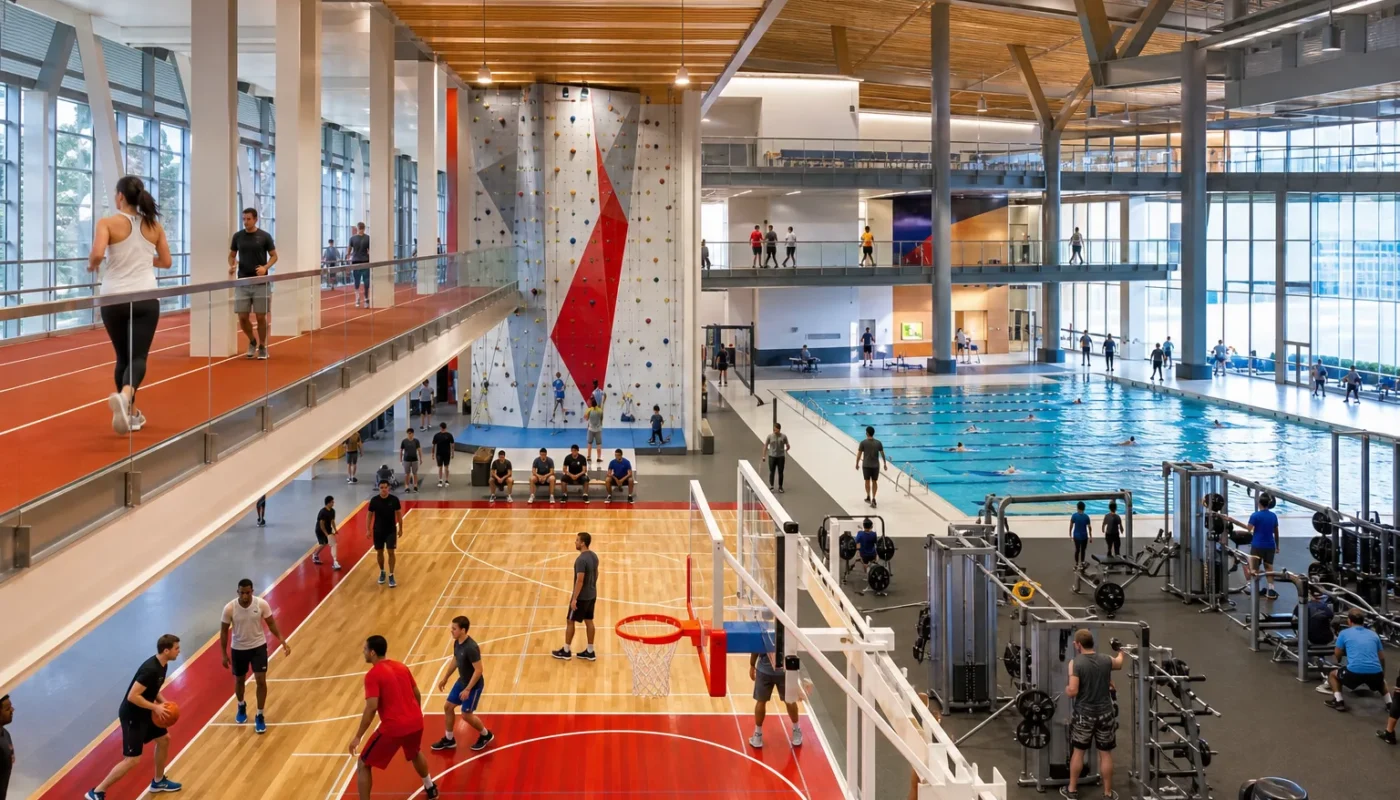 Salle de sport indoor avec équipements et activités sportives