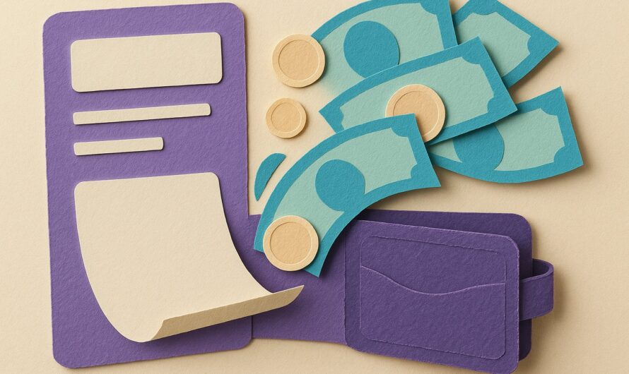 Fiche de paie et portefeuille en papier decoupe avec pieces et billets