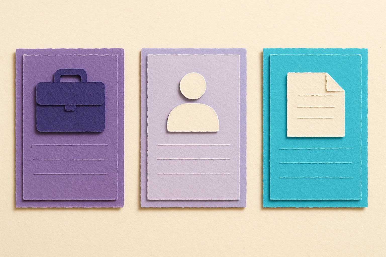 Trois statuts d'emploi representes en cartes de papier decoupe