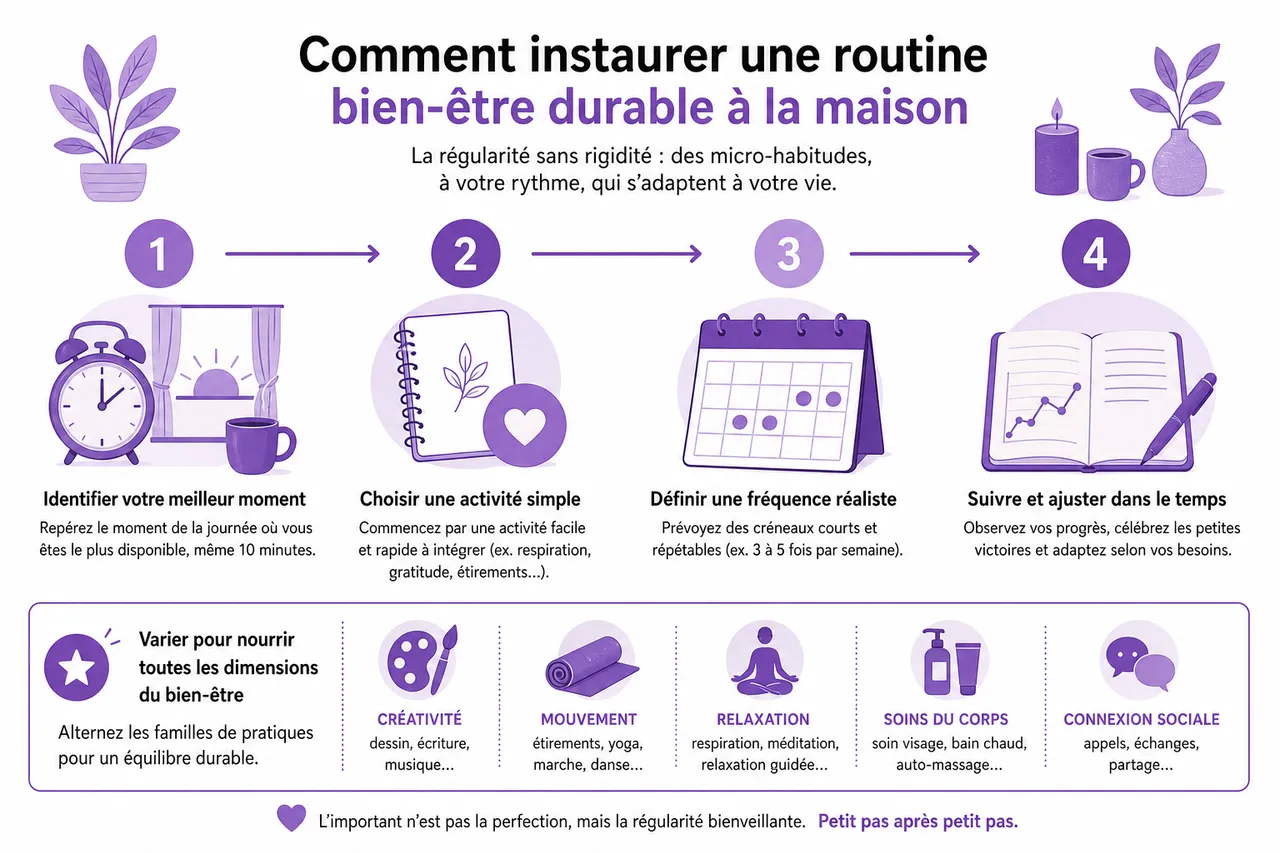 7 activités bien-être à la maison pour se recentrer sans dépenser une fortune , Comment instaurer une routine bien-être durable à la maison