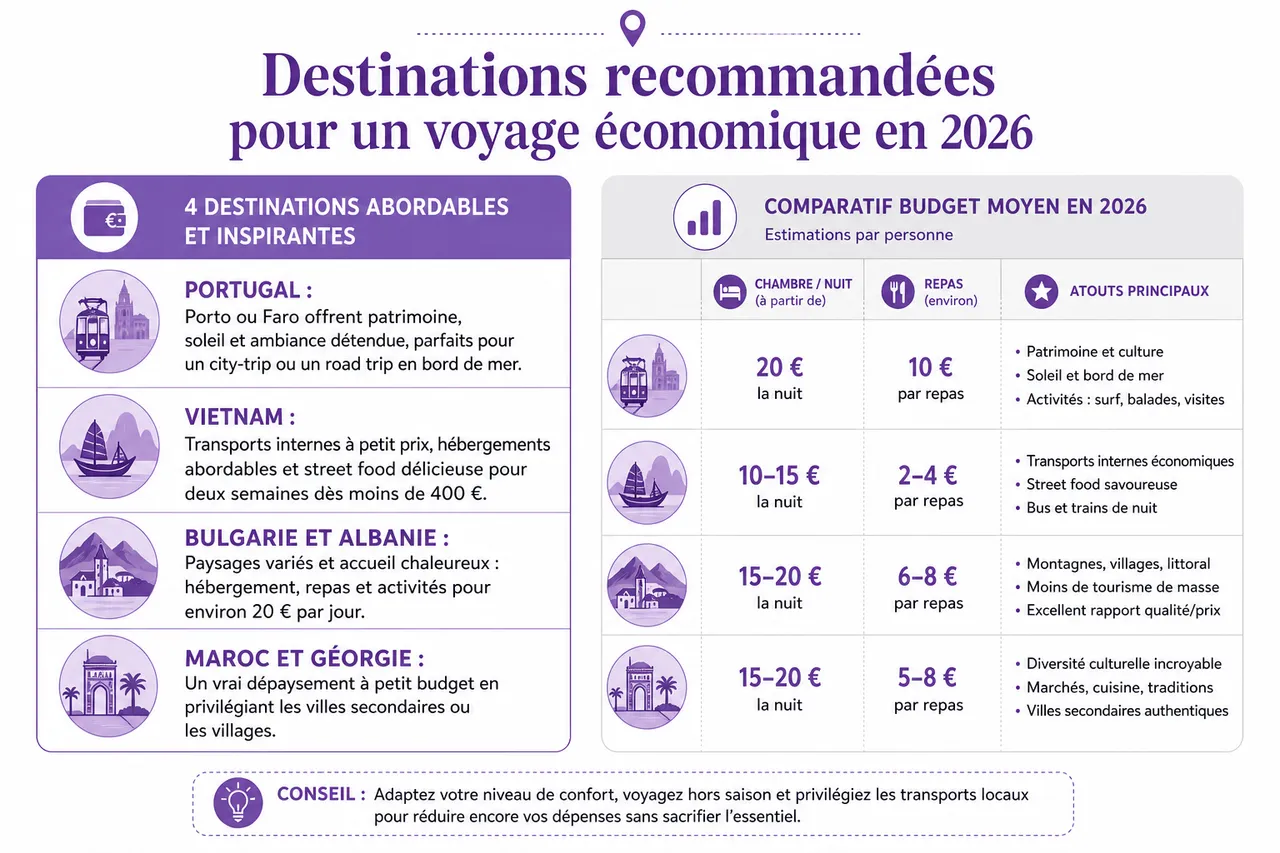 Voyager avec un petit budget en 2026 sans sacrifier totalement le confort , Destinations recommandées pour un voyage économique en 2026